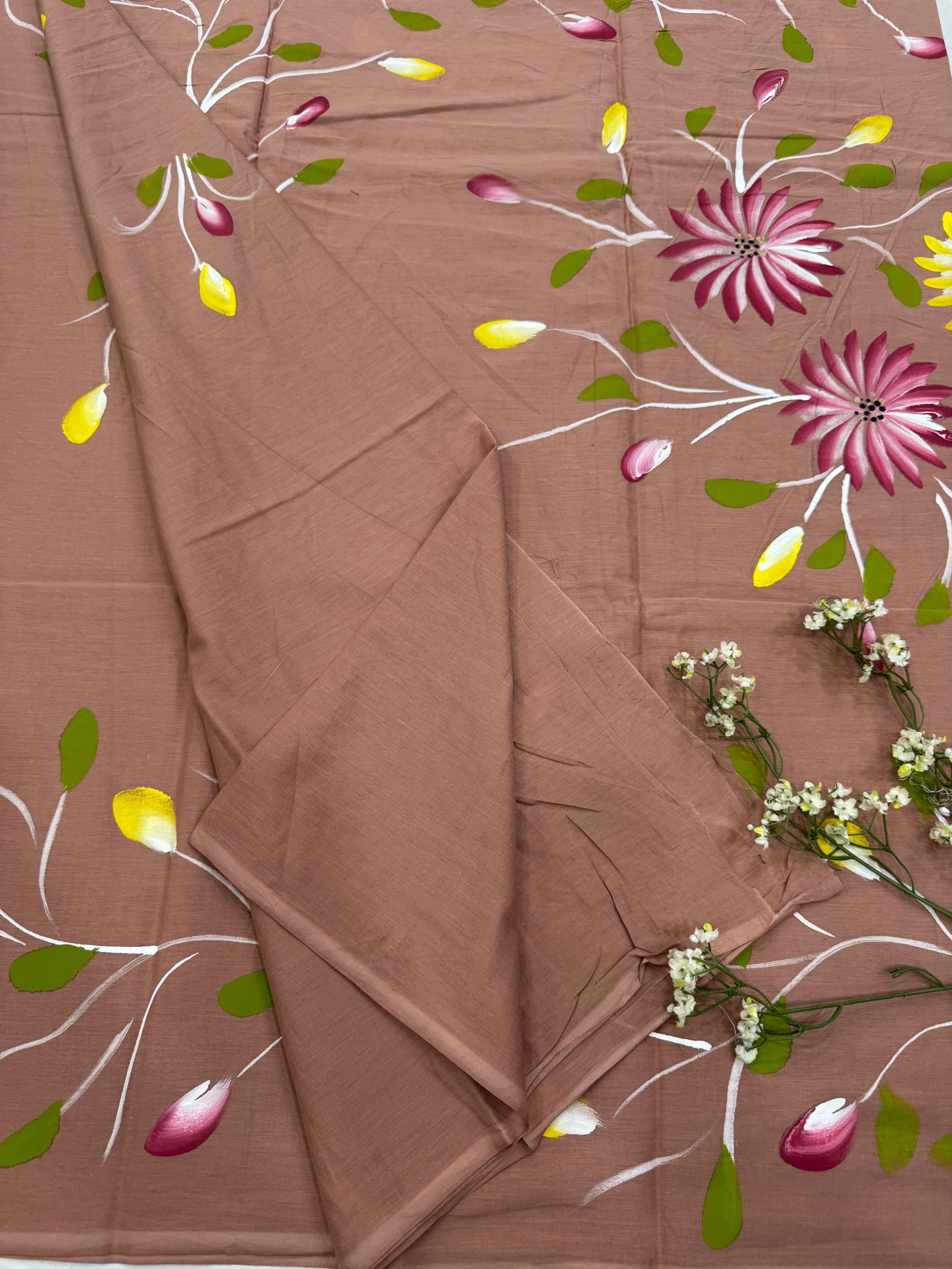 Brown Hand-Painted Flowers Cotton Mul Saree – Lightweight Designer Wholesale Saree for Boutiques